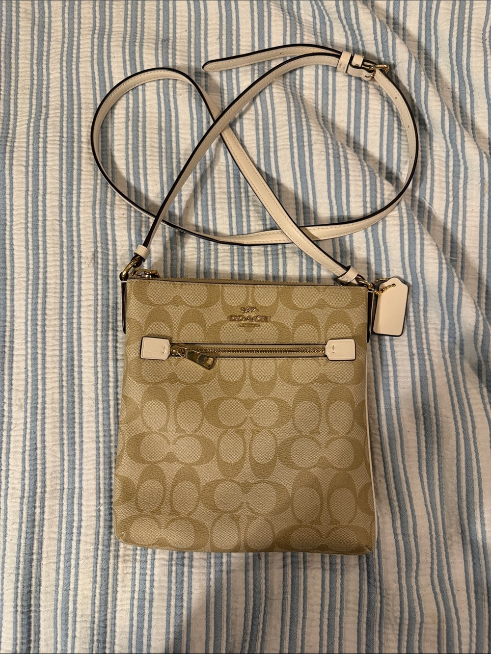 Coach Beige Signature Crossbody with Cream Strap & Gold Accents